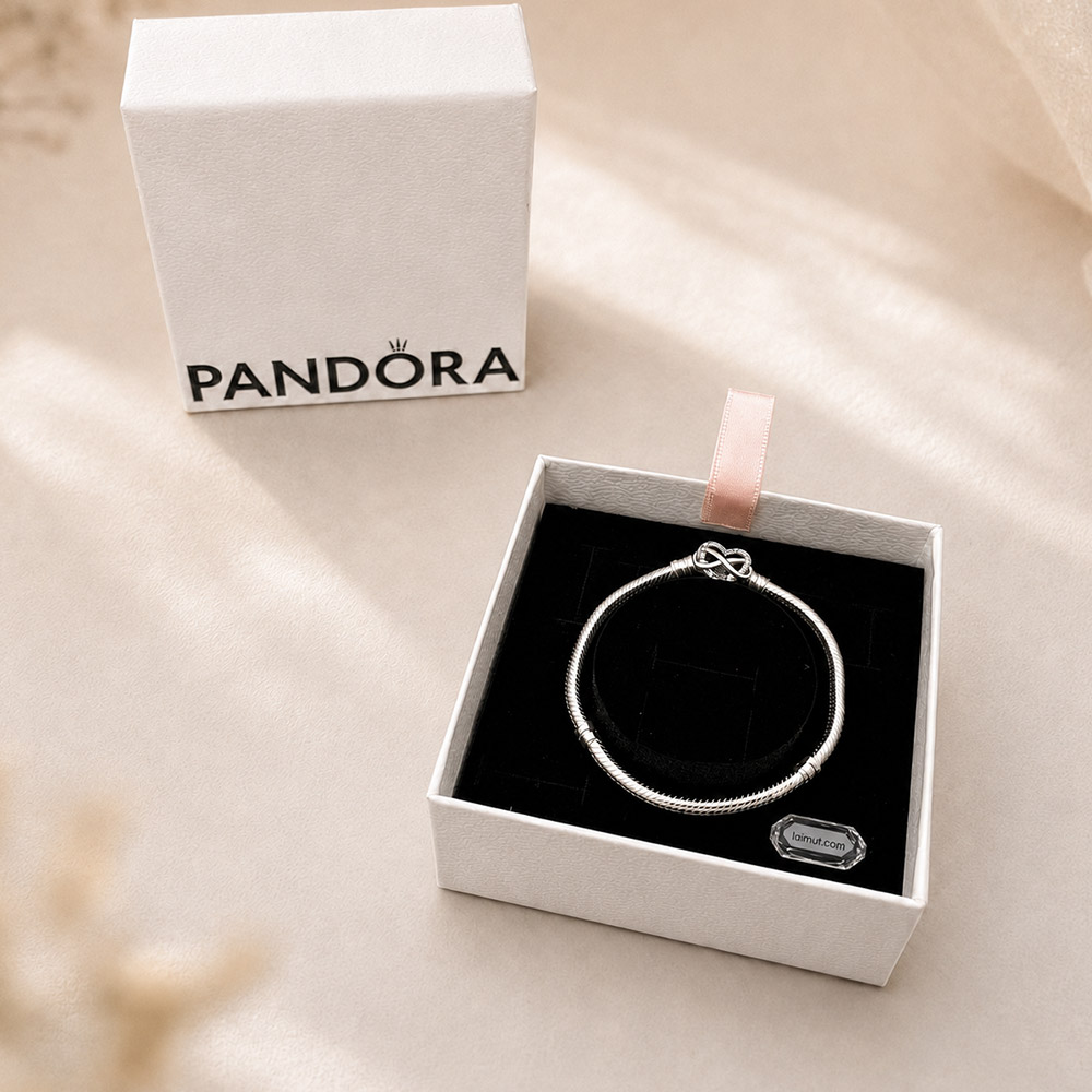Vòng charm Pandora 592645C01 Sparkling Infinity Heart Clasp Snake Chain Bracelet | Laimut | Ảnh chụp thực tế fullbox