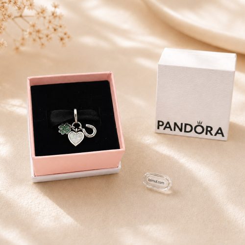 Charm Pandora 792755C01 Four Leaf Clover, Heart and Horseshoe Triple Dangle Charm | Laimut | Ảnh chụp thực tế fullbox
