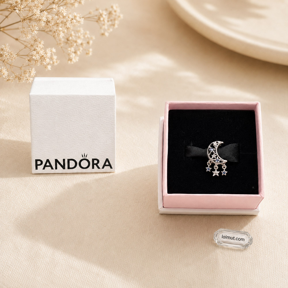 Charm Pandora 799643C01 Star & Crescent Moon Charm | Laimut | Ảnh chụp thực tế fullbox