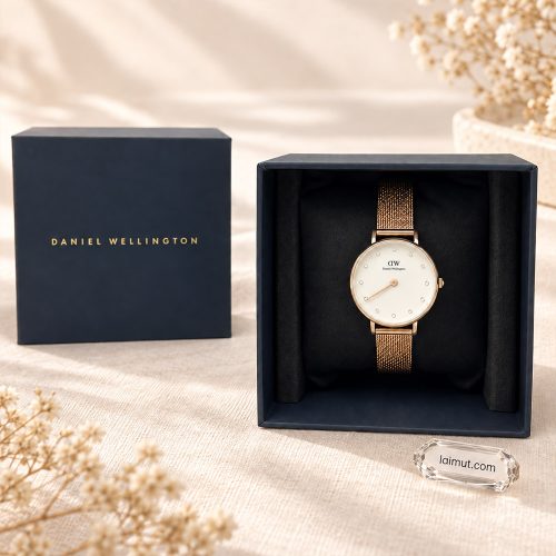 Ảnh cận Daniel Wellington DW00100528 giúp quan sát mặt trắng ngà và 12 cọc số crystal.
