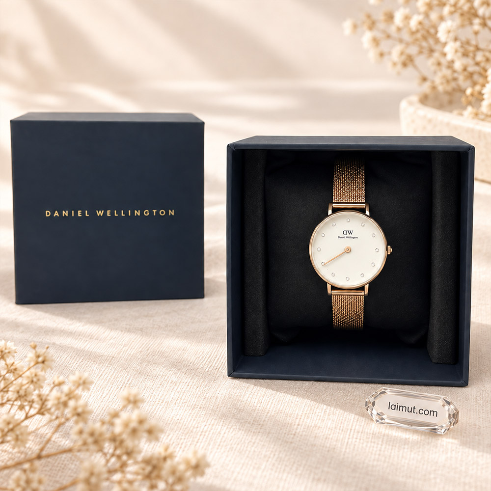 Ảnh cận Daniel Wellington DW00100528 giúp quan sát mặt trắng ngà và 12 cọc số crystal.