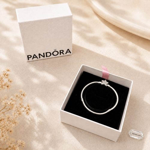 Vòng charm Pandora 599639C01 Asymmetric Star Clasp Snake Chain Bracelet | Laimut | Ảnh chụp thực tế fullbox
