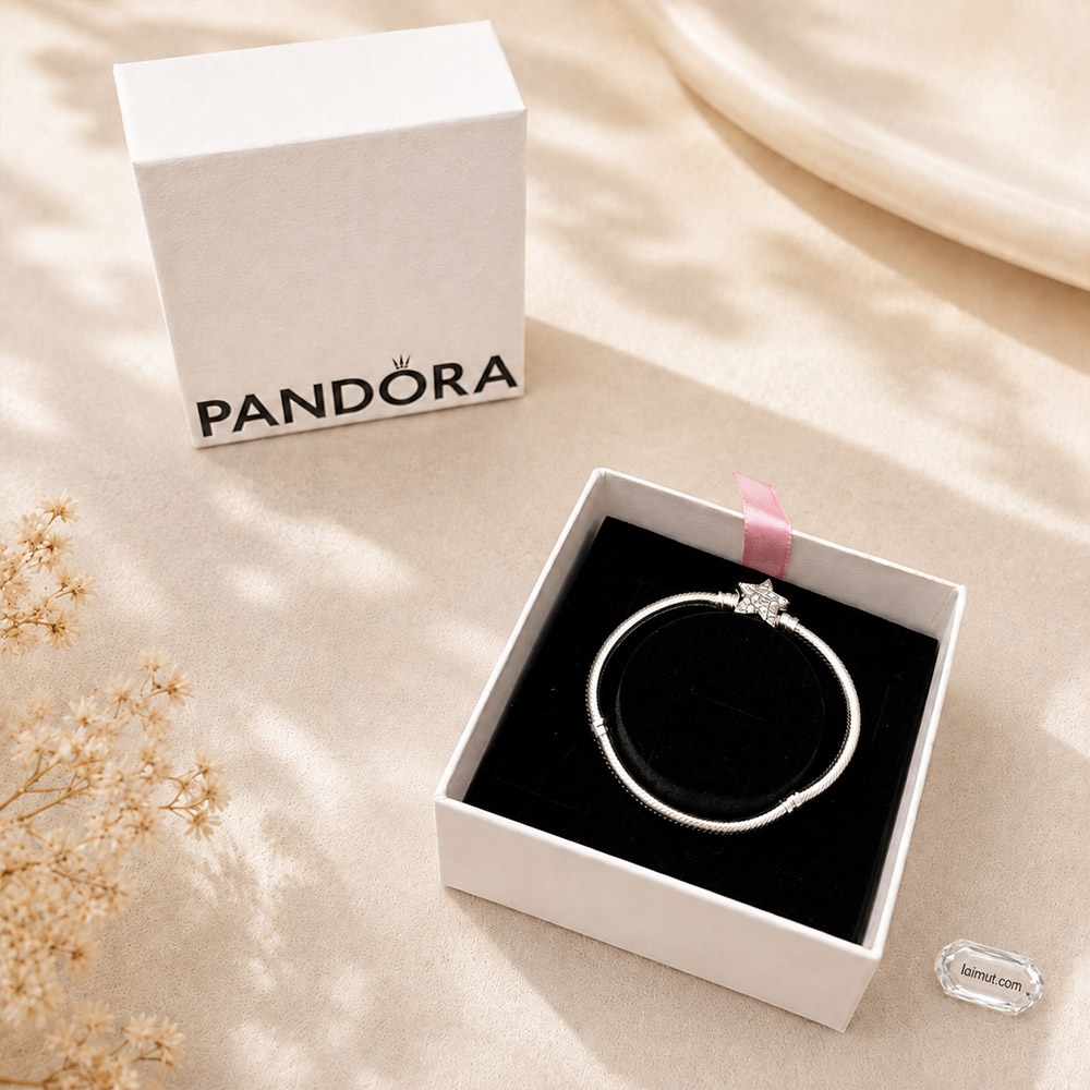 Vòng charm Pandora 599639C01 Asymmetric Star Clasp Snake Chain Bracelet | Laimut | Ảnh chụp thực tế fullbox