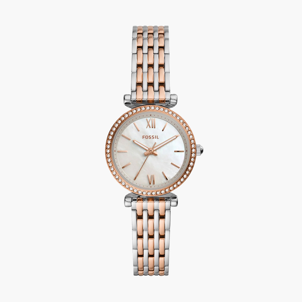 Đồng hồ Fossil ES4649 Carlie Mini 28mm mặt xà cừ dây thép two-tone