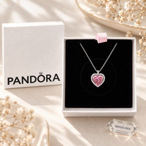 Dây chuyền Pandora 394414C01 Pink Halo Heart fullbox