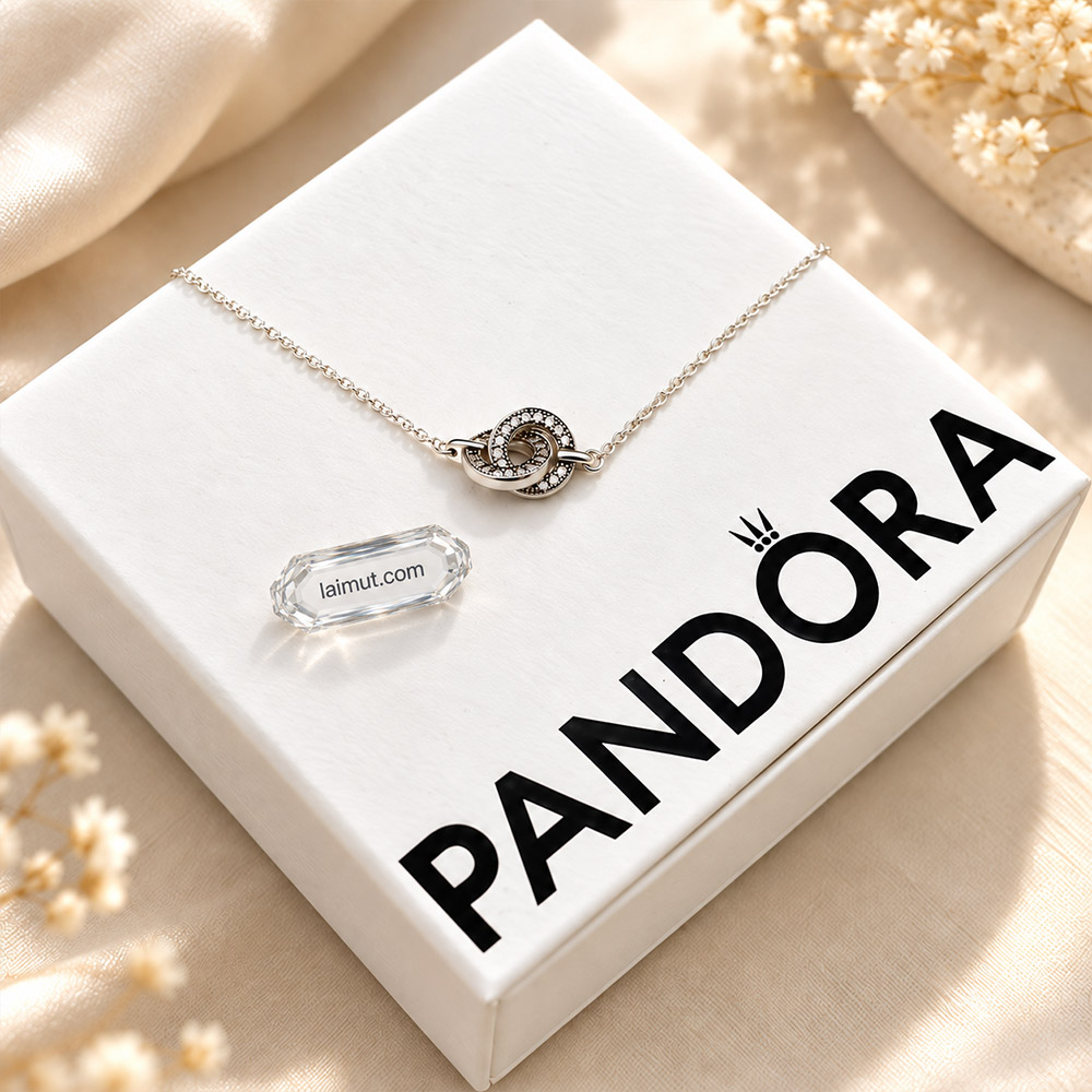 Cận cảnh Pandora Signature Intertwined Pavé 392736C01 với hai vòng tròn đính đá
