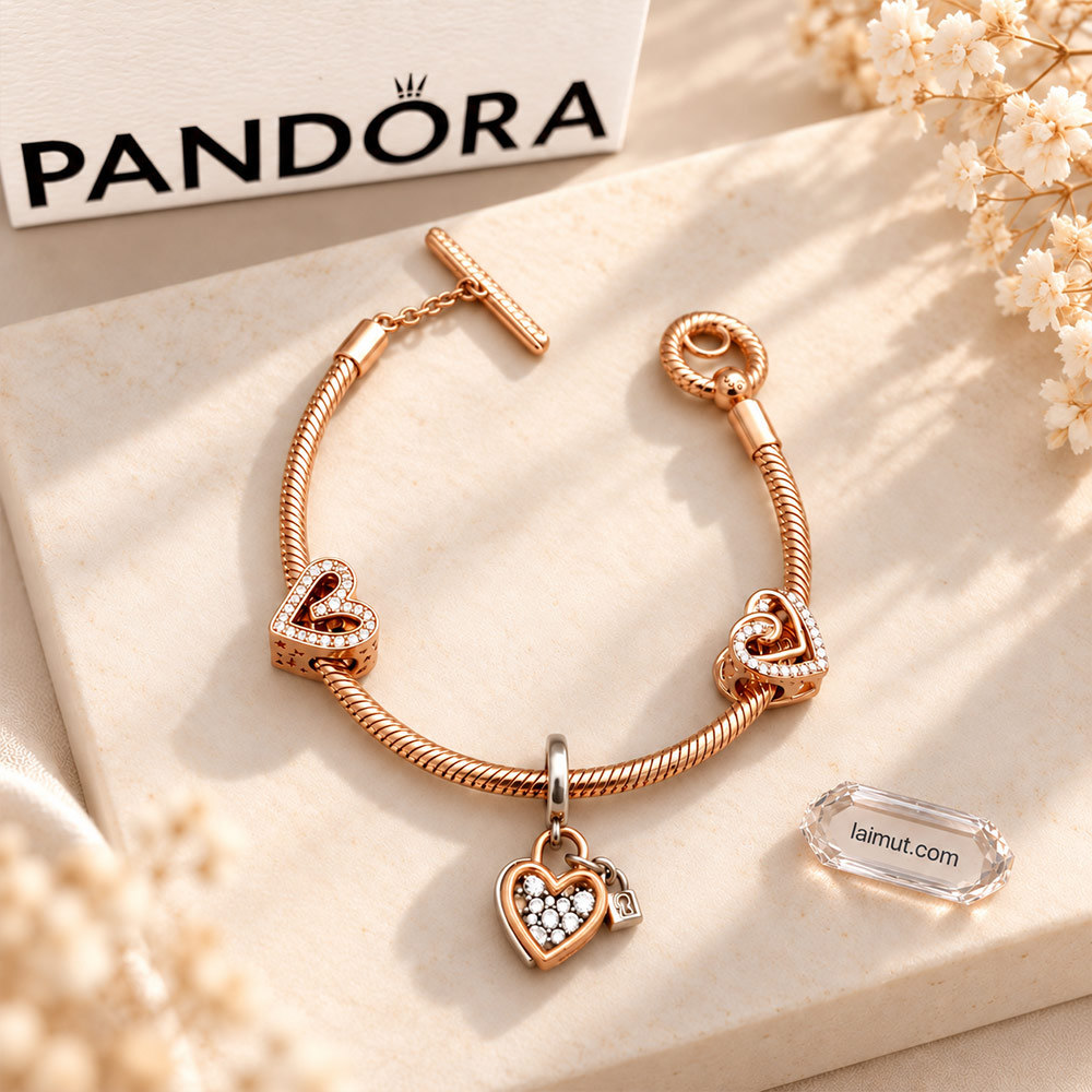 Ảnh thực tế vòng Pandora mix charm Locked in Love tại Laimut