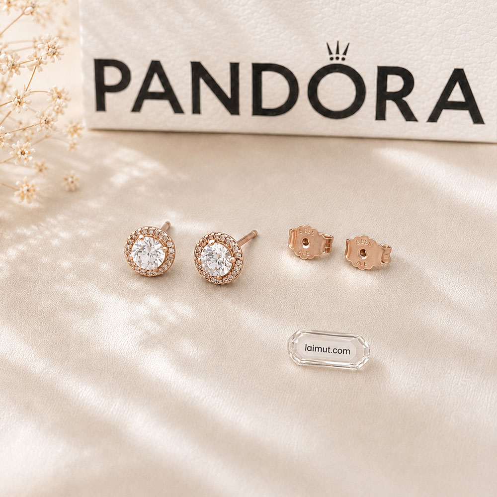 Bông tai Pandora 286272CZ chính hãng | Round Sparkle Halo Stud Earrings | Laimut | Ảnh chụp thực tế