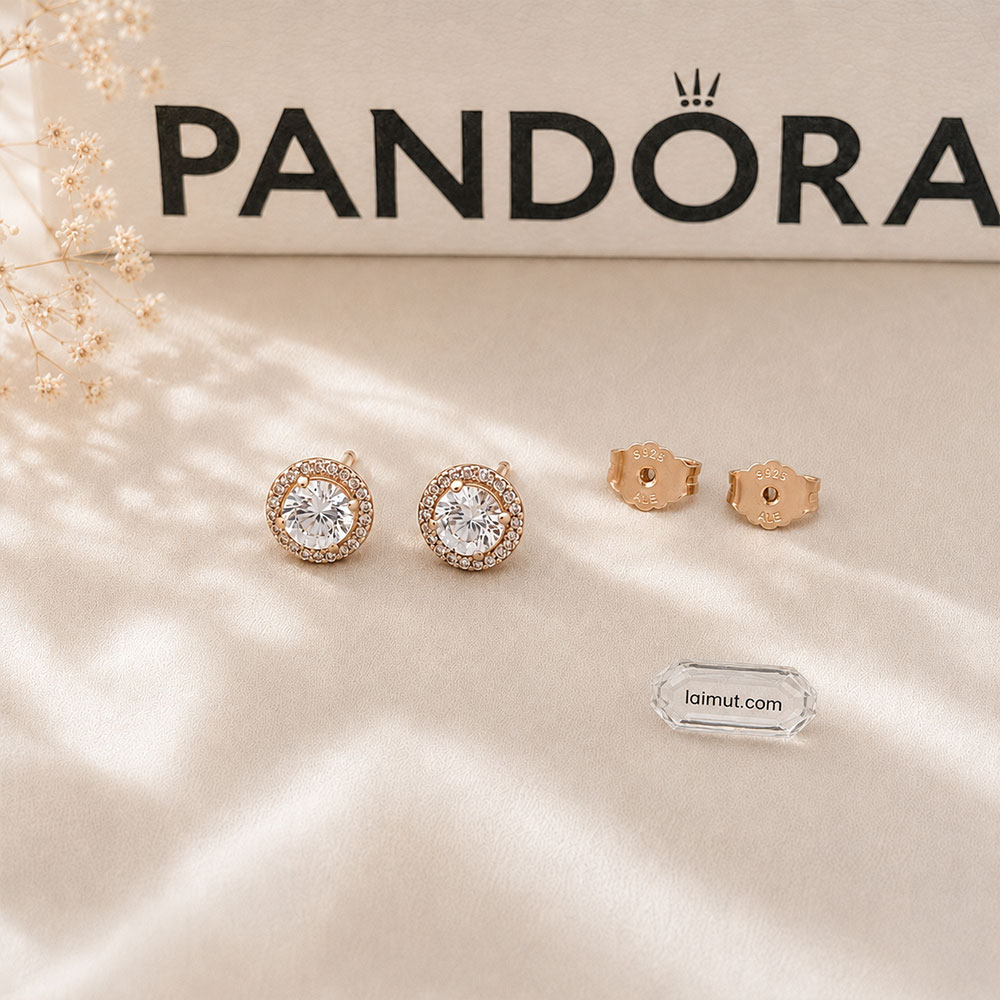 Bông tai Pandora 286272CZ chính hãng | Round Sparkle Halo Stud Earrings | Laimut | Ảnh chụp thực tế