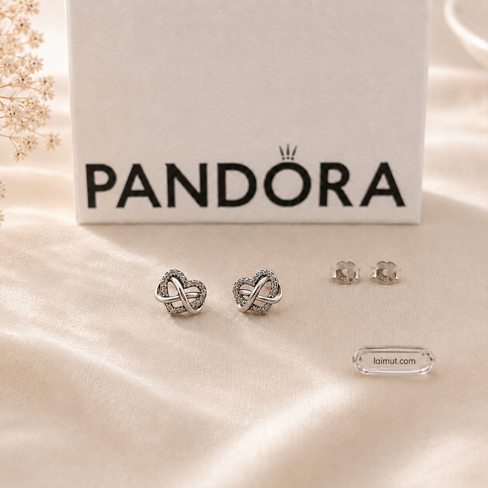Bông tai Pandora 292667C01 chính hãng | Sparkling Infinity Heart Stud Earrings | Laimut | Ảnh chụp thực tế