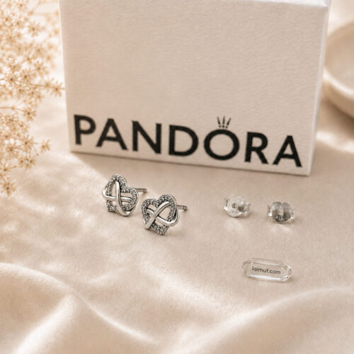 Bông tai Pandora 292667C01 chính hãng | Sparkling Infinity Heart Stud Earrings | Laimut | Ảnh chụp thực tế