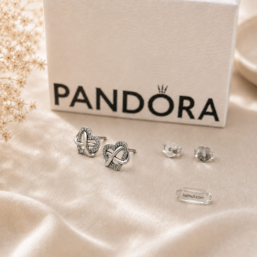 Bông tai Pandora 292667C01 chính hãng | Sparkling Infinity Heart Stud Earrings | Laimut | Ảnh chụp thực tế