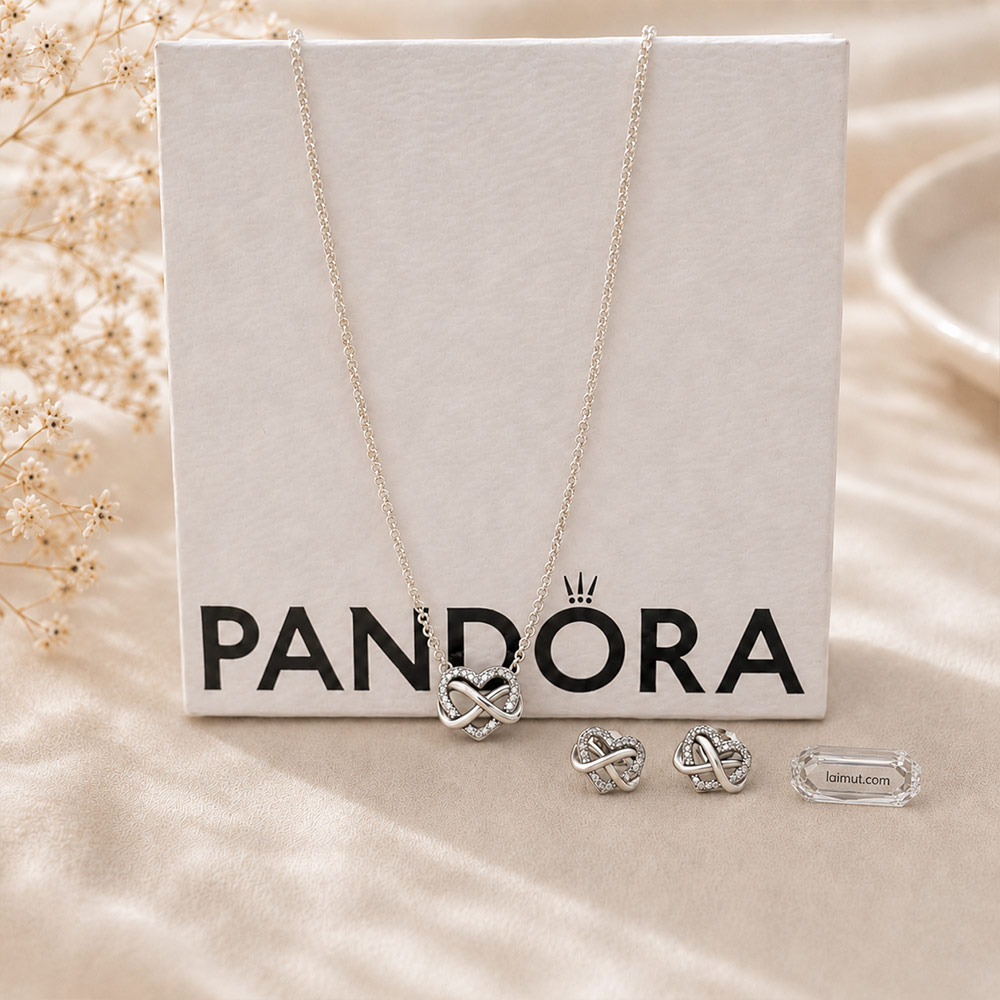 Bông tai Pandora 292667C01 chính hãng | Sparkling Infinity Heart Stud Earrings | Laimut | Ảnh chụp thực tế