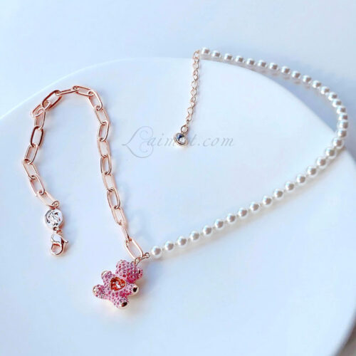 Vòng Cổ Swarovski Gấu Ngọc Trai Pink Teddy Pendant 5669166