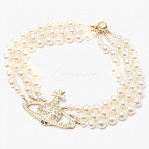 Vòng cổ Vivienne Westwood Three Row Pearl Bas Relief Choker 8050568223375