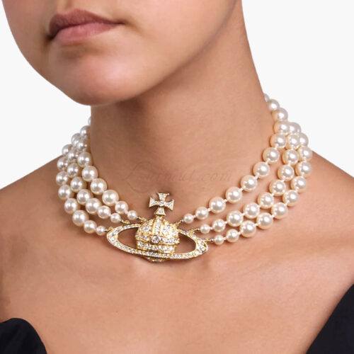 Vòng cổ Vivienne Westwood Three Row Pearl Bas Relief Choker 8050568223375