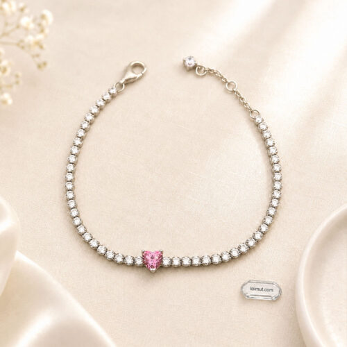 Vòng tay Pandora 590041C03 chính hãng | Pink Sparkling Heart Tennis Bracelet | Laimut | Ảnh chụp thực tế