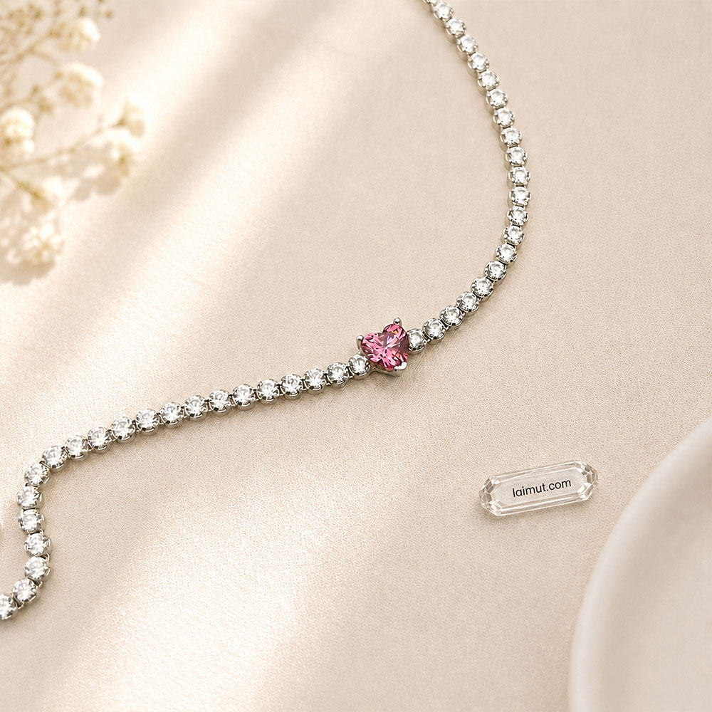 Vòng tay Pandora 590041C03 chính hãng | Pink Sparkling Heart Tennis Bracelet | Laimut | Ảnh chụp thực tế
