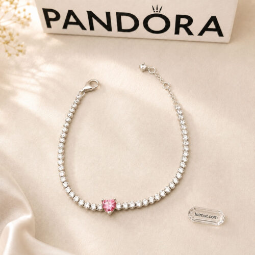 Vòng tay Pandora 590041C03 chính hãng | Pink Sparkling Heart Tennis Bracelet | Laimut | Ảnh chụp thực tế