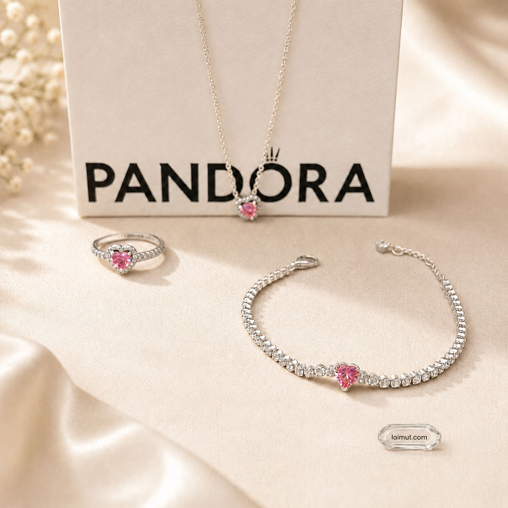 Vòng tay Pandora 590041C03 chính hãng | Pink Sparkling Heart Tennis Bracelet | Laimut | Ảnh chụp thực tế