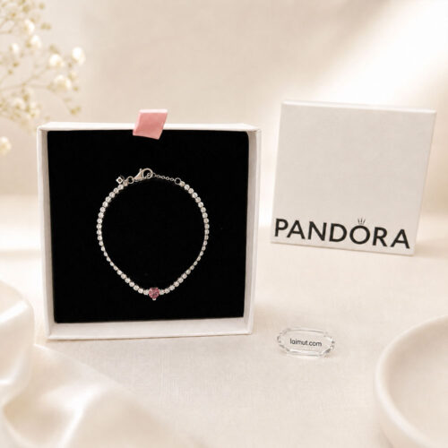 Vòng tay Pandora 590041C03 chính hãng | Pink Sparkling Heart Tennis Bracelet | Laimut | Ảnh chụp thực tế